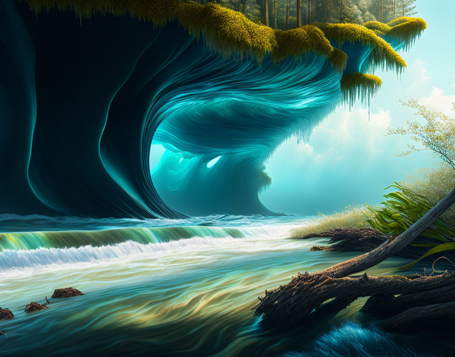 Surreal landscape with curved river and lush greenery