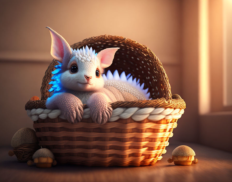 Blue-spiked creature in a wicker basket with mushrooms under golden light