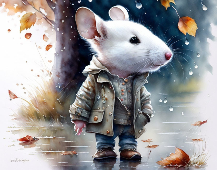 Anthropomorphic Mouse in Jacket and Boots Amidst Autumnal Scene