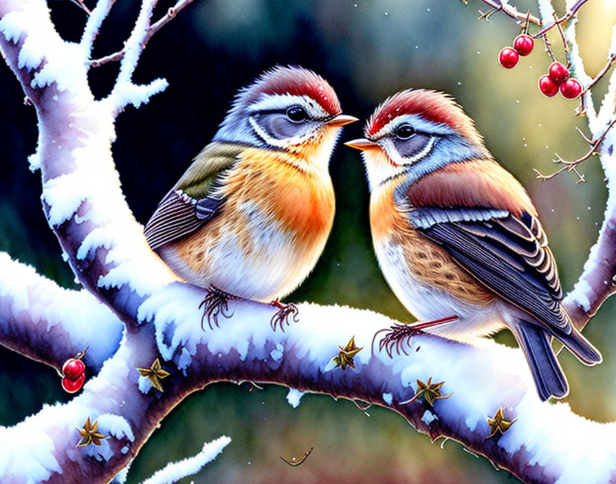 Colorful Birds on Snowy Branch with Red Berries and Star-Shaped Leaves