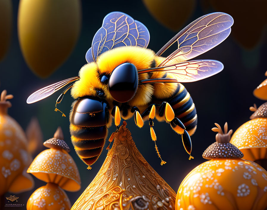 Detailed Digital Artwork: Vibrant Bumblebee in Flight with Golden Mushrooms