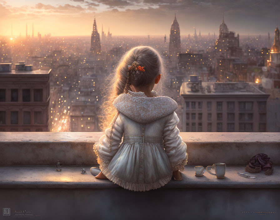 Young girl on rooftop ledge at dusk with cup and saucer, shoes off, lost in thought