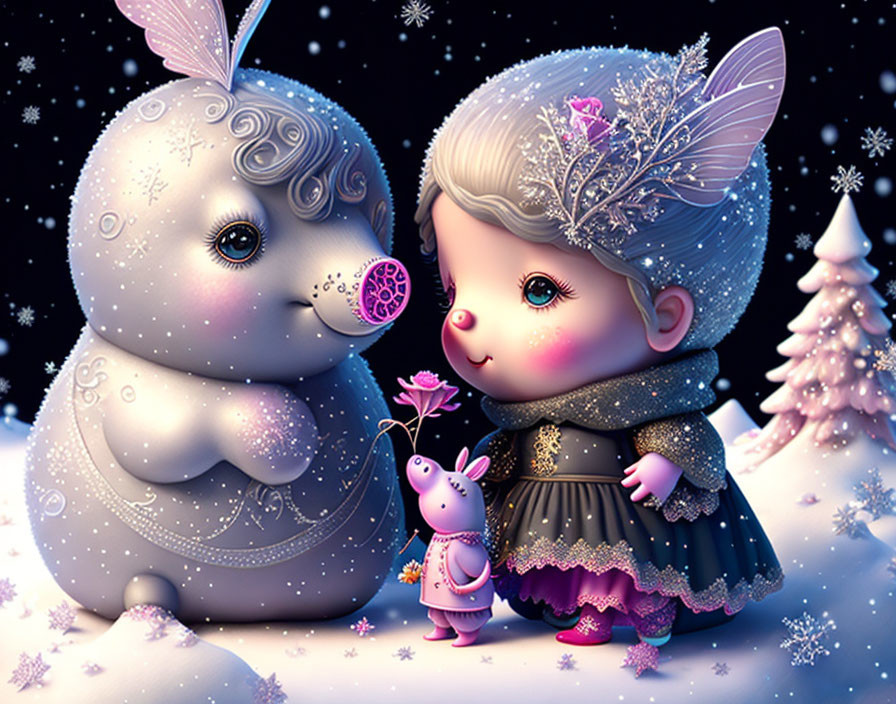 Whimsical girl with pig and ornate creature in snowy landscape