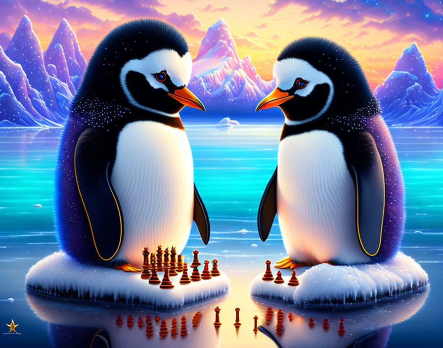 Animated penguins playing chess on ice floes with colorful icy mountain backdrop