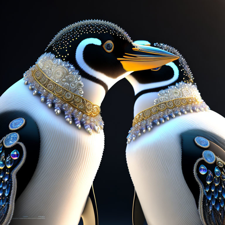 Ornately decorated digital-art penguins with beaded and jeweled details