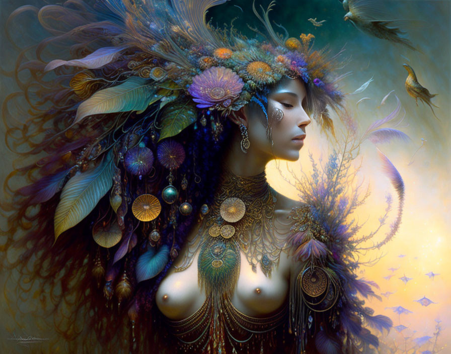 Fantastical portrait of a woman with elaborate headdress and dreamy backdrop