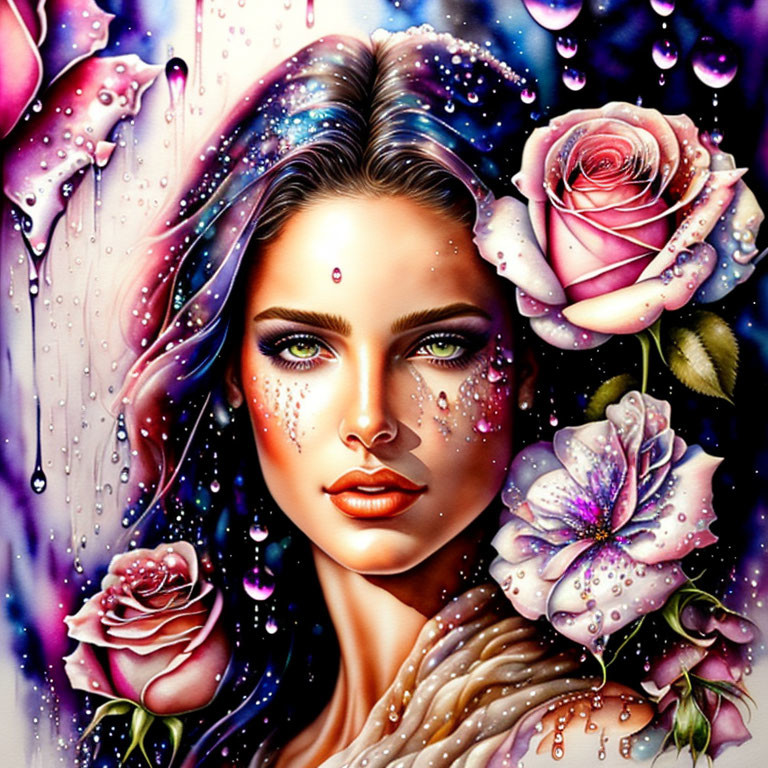 Colorful illustration: Woman with green eyes, cosmic makeup, roses, and water droplets