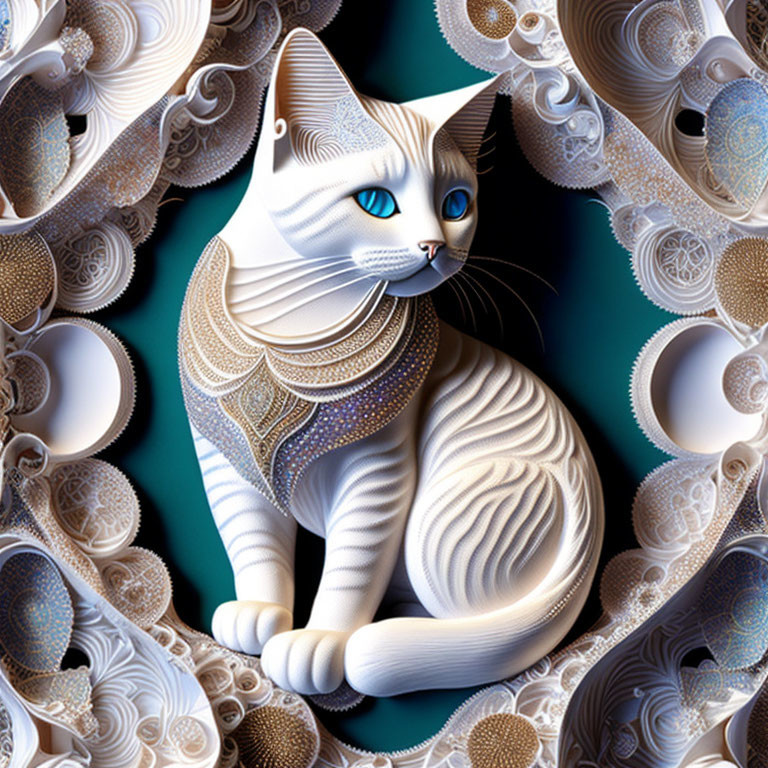 White Cat with Blue Eyes and Intricate Patterns on Abstract Background