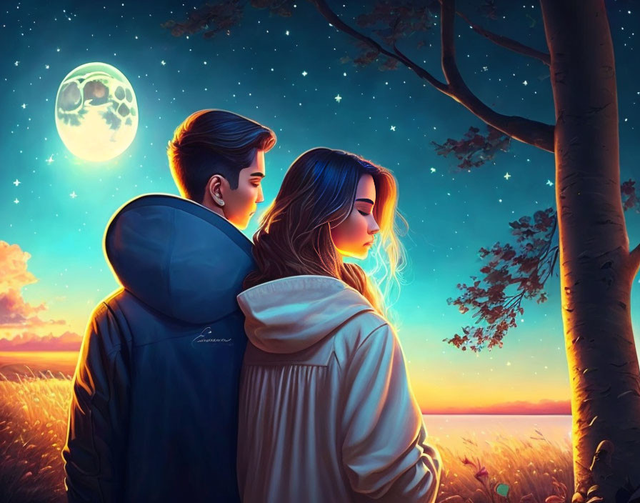 Digital artwork of a couple under a tree gazing at a twilight sky with a full moon and fire