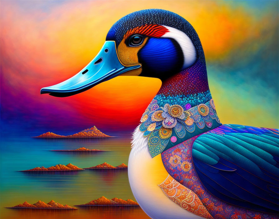 Colorful Duck Illustration with Sunset and Water Landscape