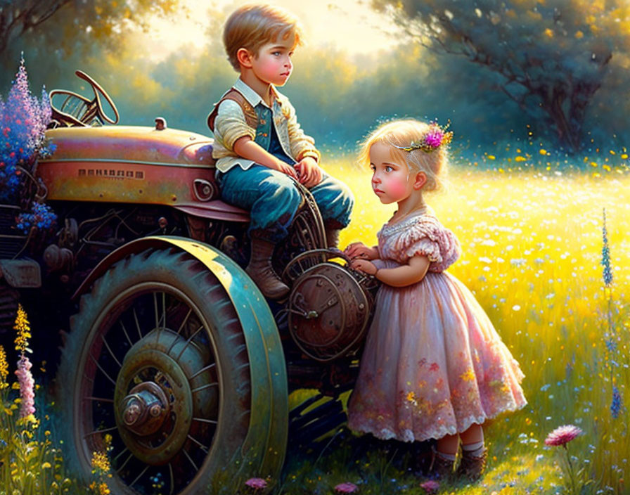 Children on old tractor in sunlit field