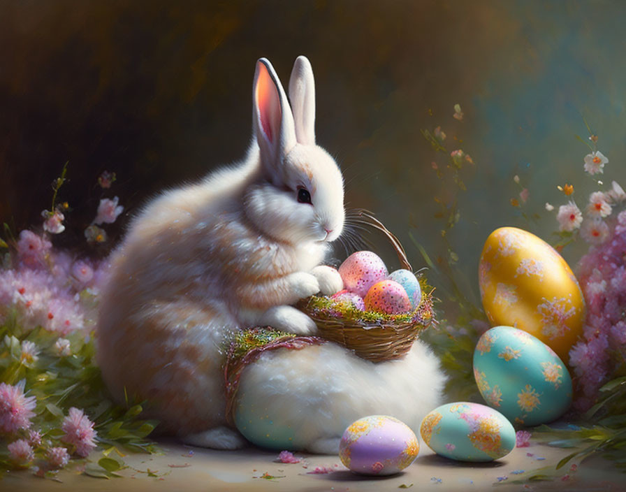 Fluffy White Rabbit with Easter Eggs in Pink Flower Field