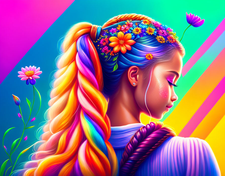 Colorful Woman with Flower Braided Hair on Geometric Background