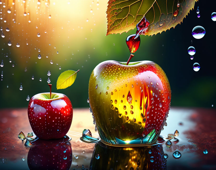 Digital Artwork: Glossy Apples, Water Droplets, Leaf, Bokeh Background