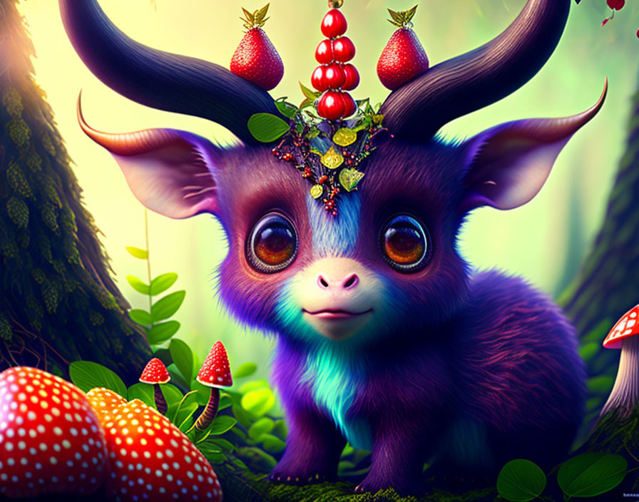 Enchanted forest creature with large eyes, horns, berries, and leaves next to mushrooms