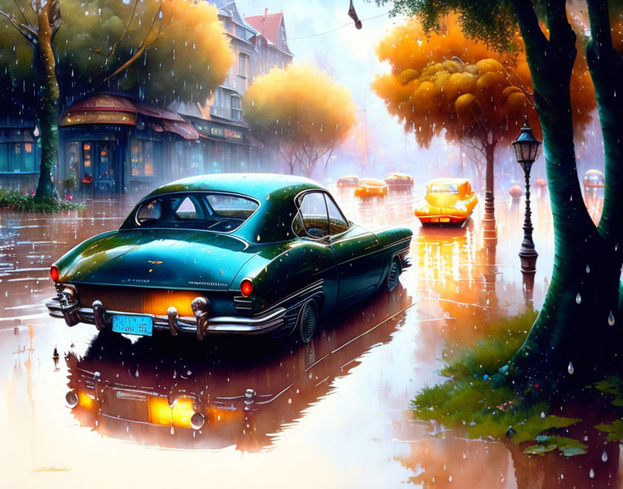 Vintage Car on Wet Street with Autumn Trees and Lamppost: Dreamy Reflections.