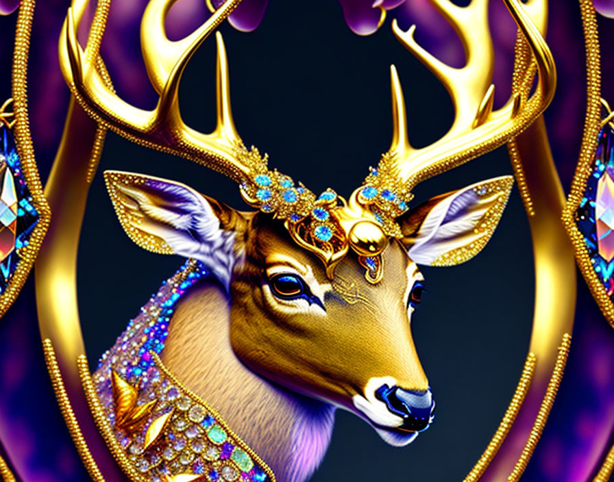 Ornate golden stag with jewels on dark background