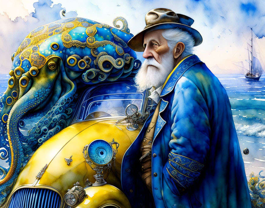 Elderly man in naval uniform with ornate octopus beside classic car