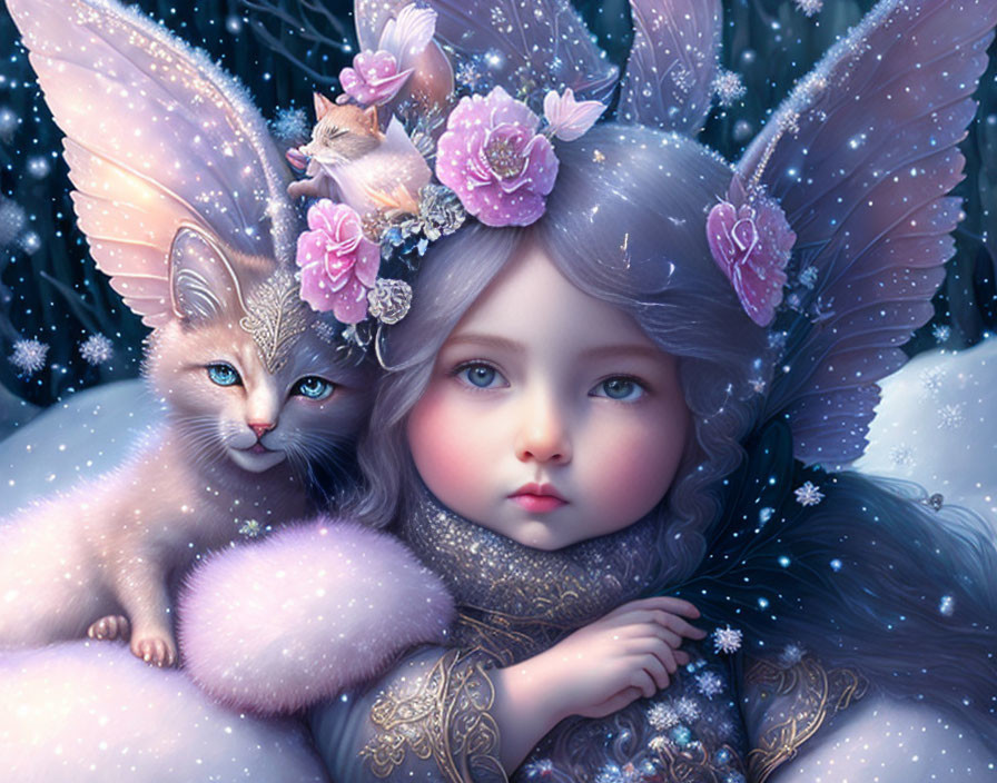 Fantastical scene with girl, butterfly wings, winged cat, flowers, and snowflakes