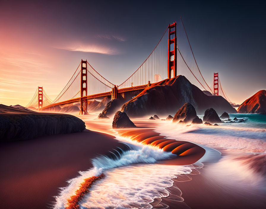 Golden Gate Bridge at sunset with crashing waves and rocky outcrops