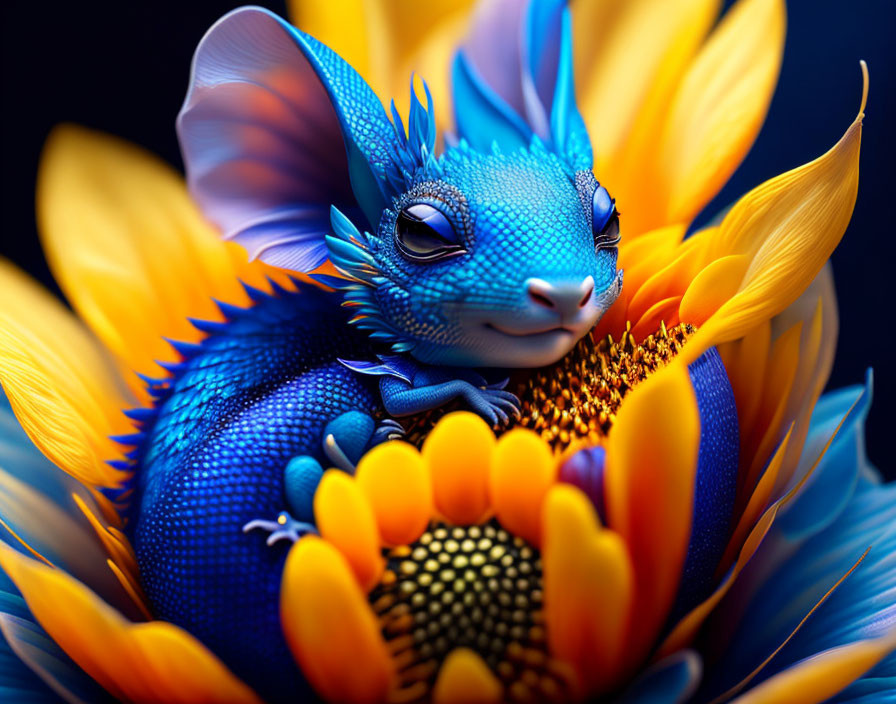 Blue lizard-like creature in vibrant sunflower.