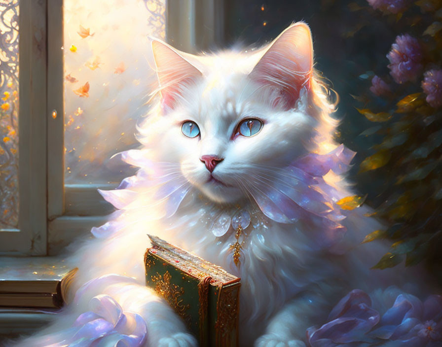 Fluffy white cat with blue eyes by sunny window and vintage book