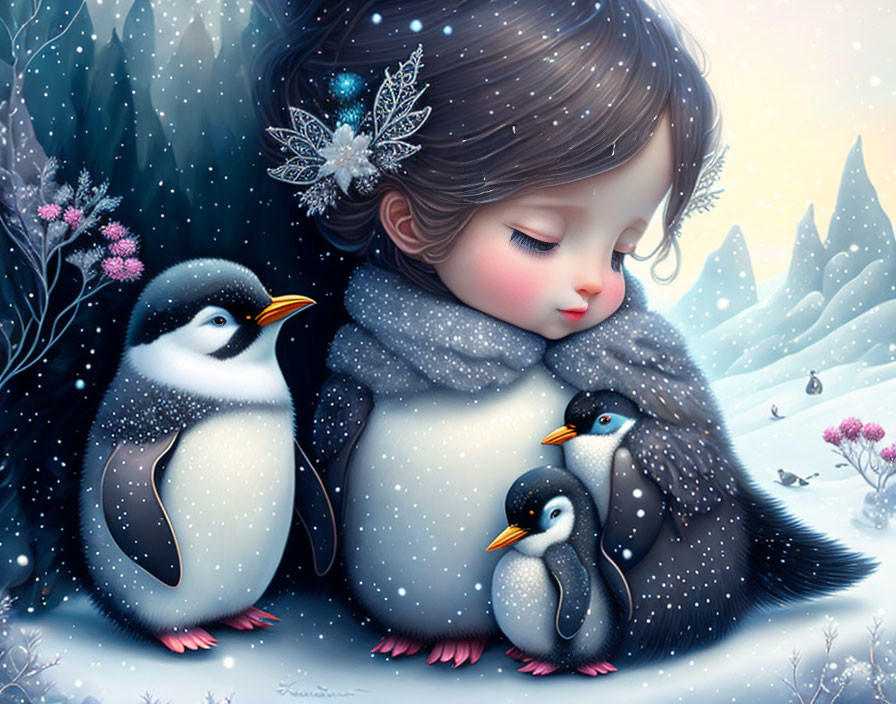 Whimsical illustration of girl with penguins in snowy landscape