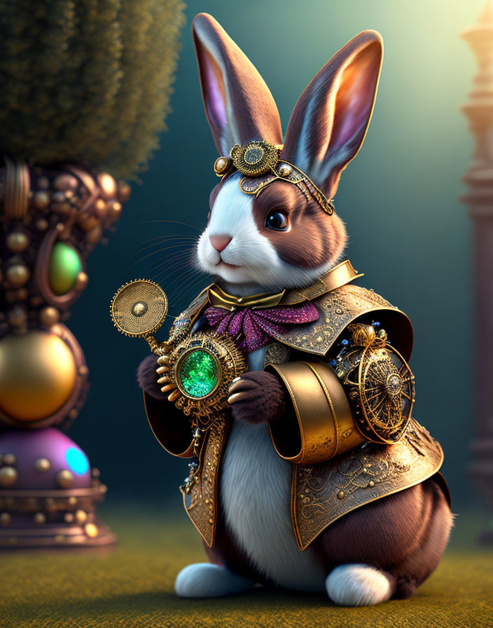 Steampunk-inspired anthropomorphic rabbit in ornate armor with glowing gem on dark background