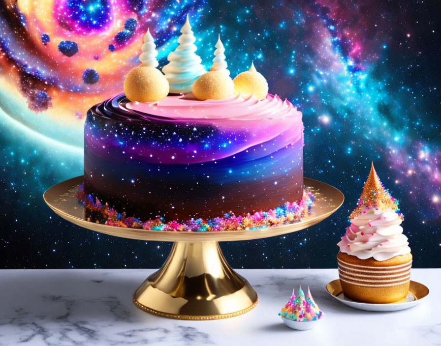 Cosmic-themed cake with galaxy glaze on golden stand and universe backdrop