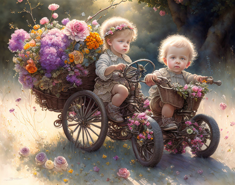 Children with floral crowns ride cart through colorful forest