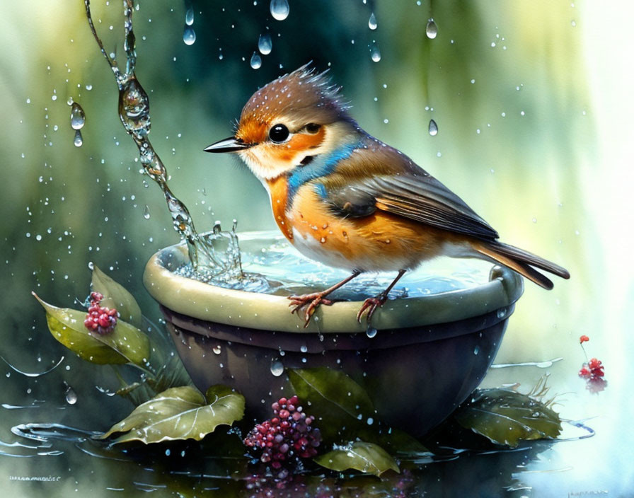 Vibrant bird on bowl with splashing water droplets in serene, rain-dappled setting