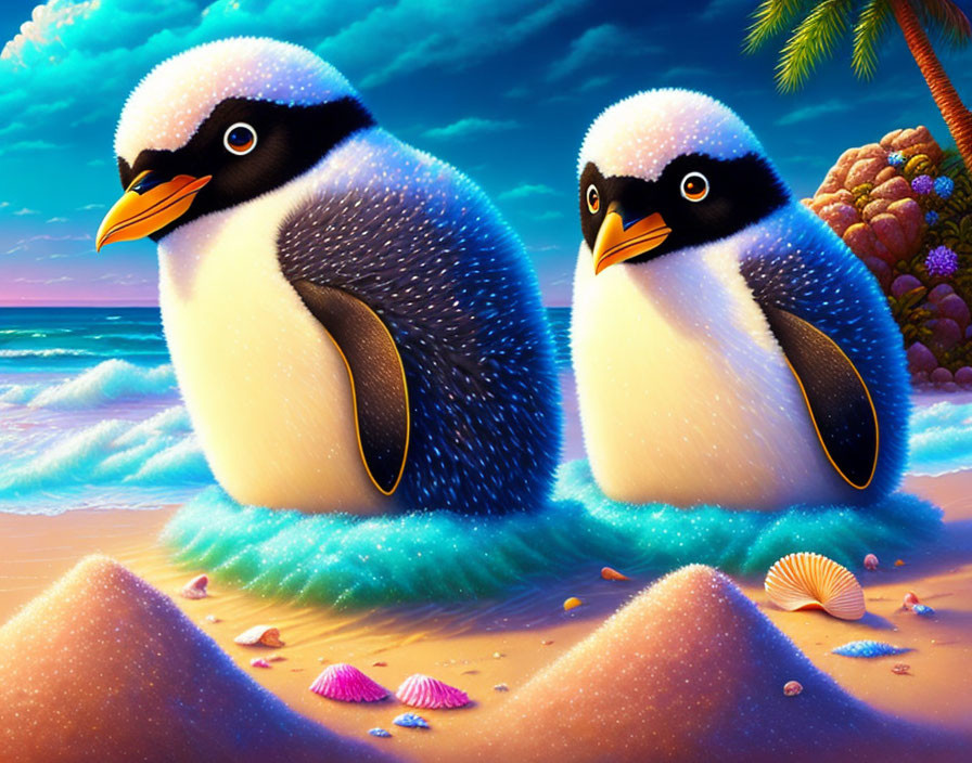 Animated penguins on tropical beach with palm trees, seashells, coral