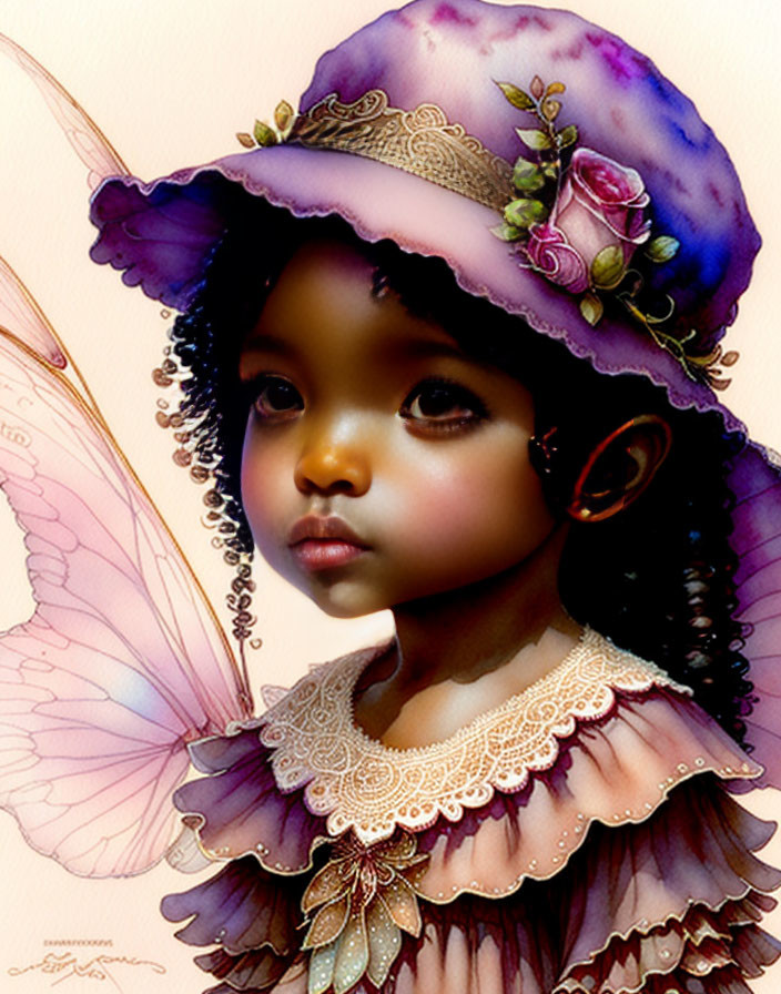 Young fairy girl illustration with large pink wings and purple hat, adorned with flowers and lace collar, looking