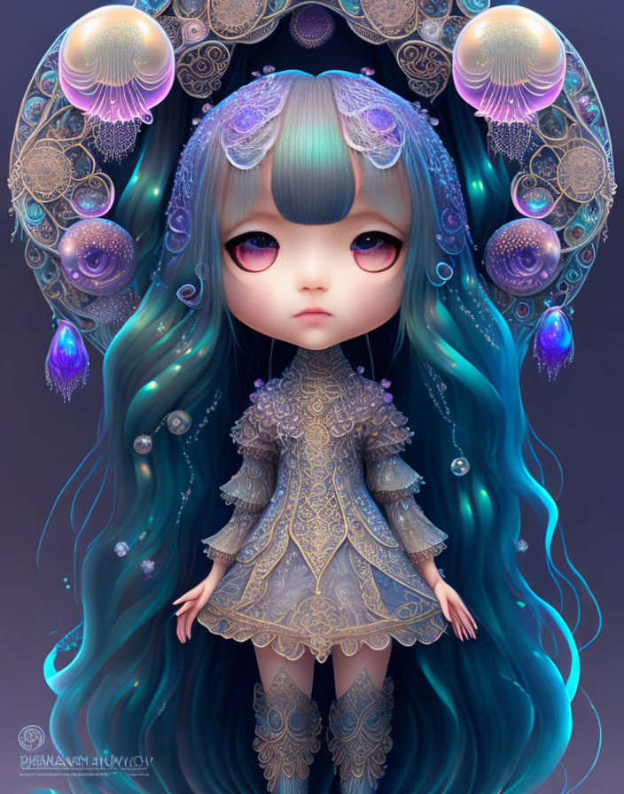 Stylized illustration of young girl with oversized eyes and long blue hair