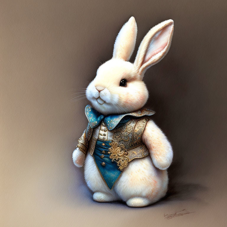 Anthropomorphic bunny in stylish outfit with gold embroidery on neutral background