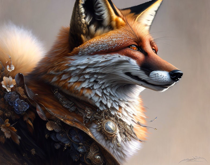 Detailed fox illustration with human-like attire and ornate jewelry.