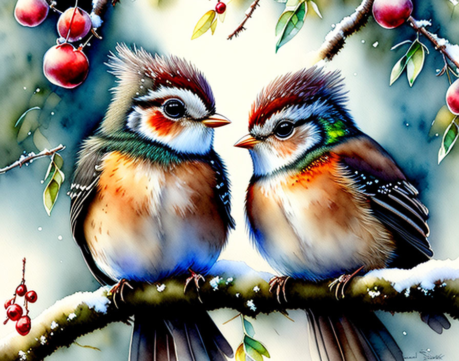 Colorful Birds on Snowy Branch with Red Berries and Apples