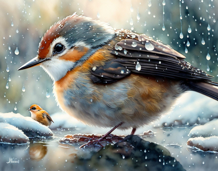 Detailed artwork: Two robins in rainy scene with water droplets on feathers.