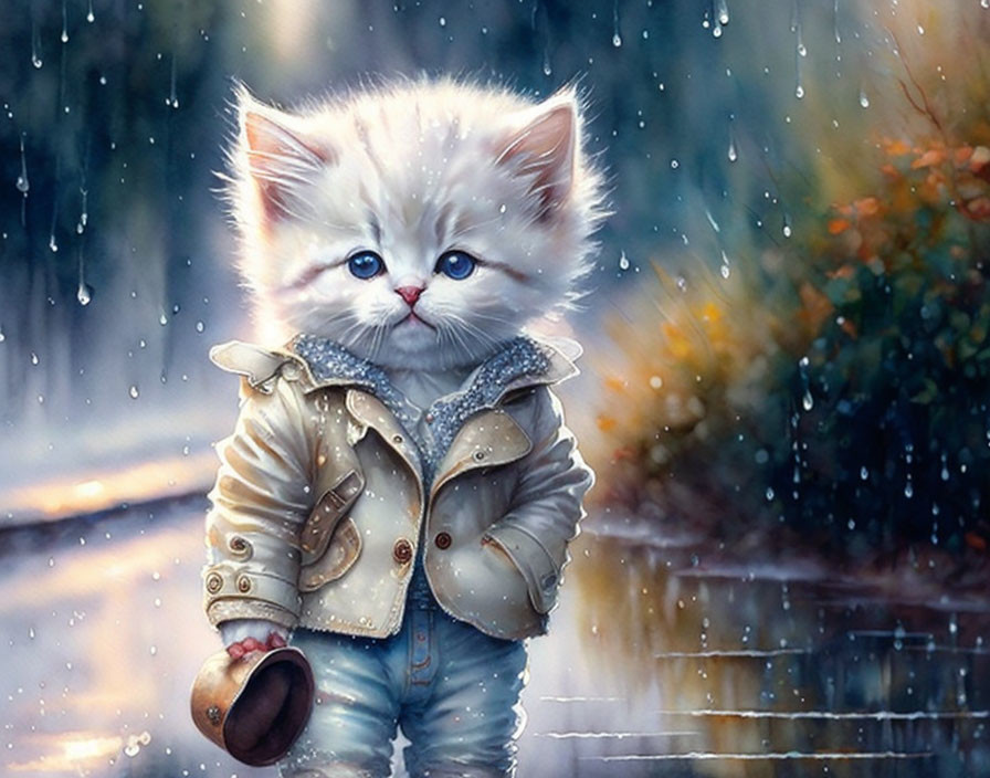 Anthropomorphic kitten illustration with expressive blue eyes in beige jacket, holding hat in rain.