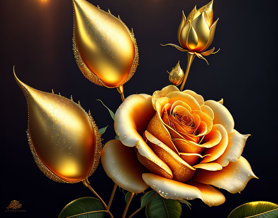 Golden Rose Digital Art with Sparkling Edges and Teardrop Shapes