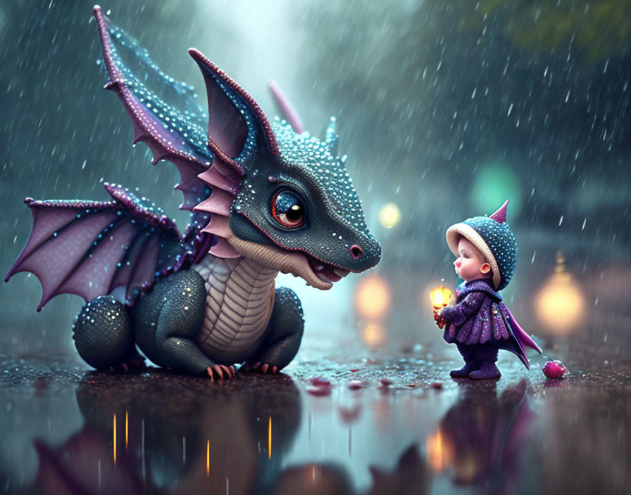 Child in raincoat sharing lit match with purple-winged dragon on rainy surface