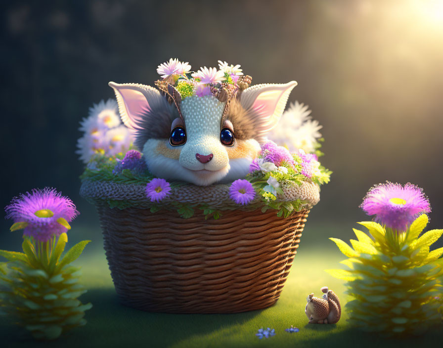 Cute fantasy creature with big ears and blue eyes in a basket among purple flowers