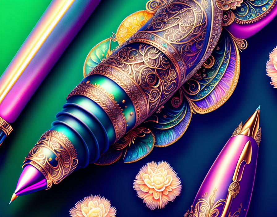 Colorful illustration of ornate mechanical pencil among art tools and flowers.