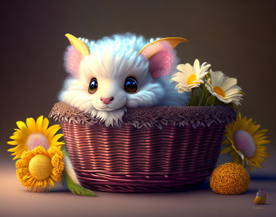 Fluffy white fantasy creature with large eyes and small horns in woven basket with yellow flowers