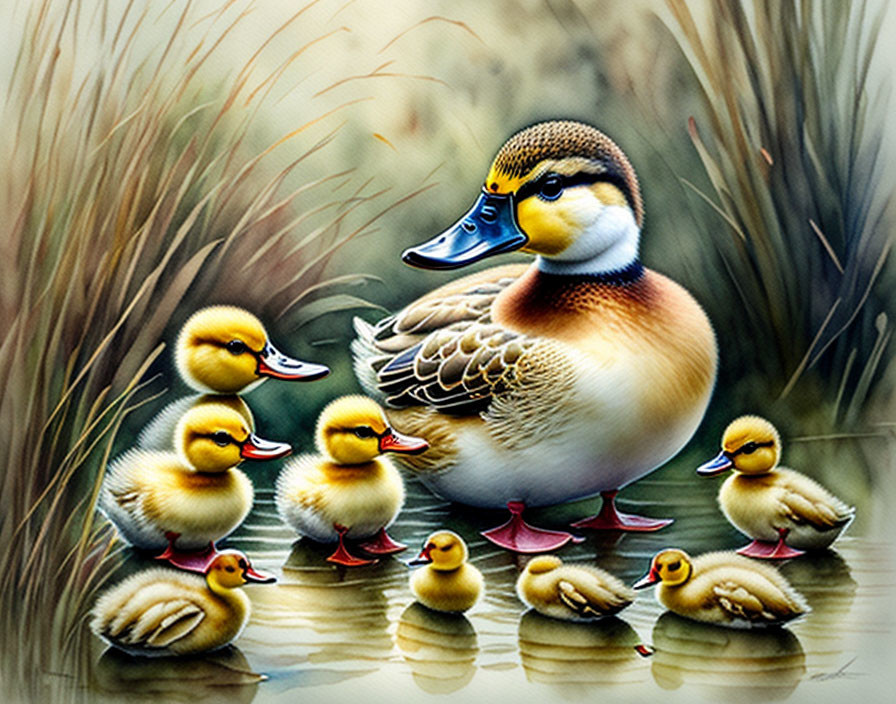 Colorful Mother Duck and Seven Ducklings by Water's Edge