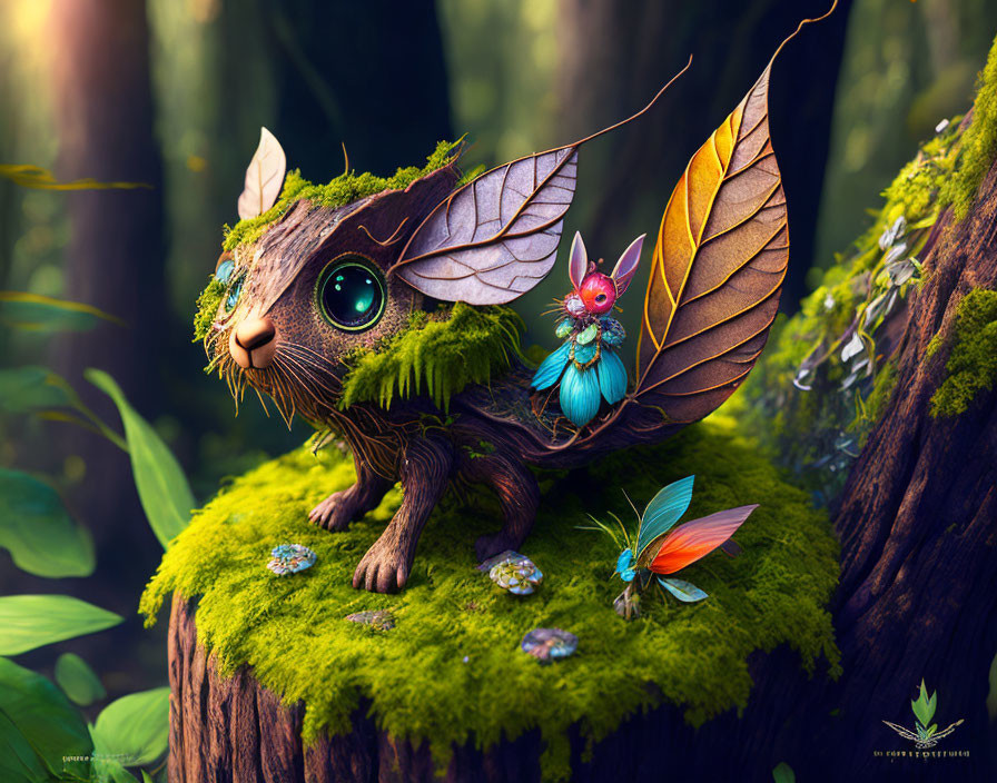 Fantastical creature, butterfly, and fairy in mossy forest scene