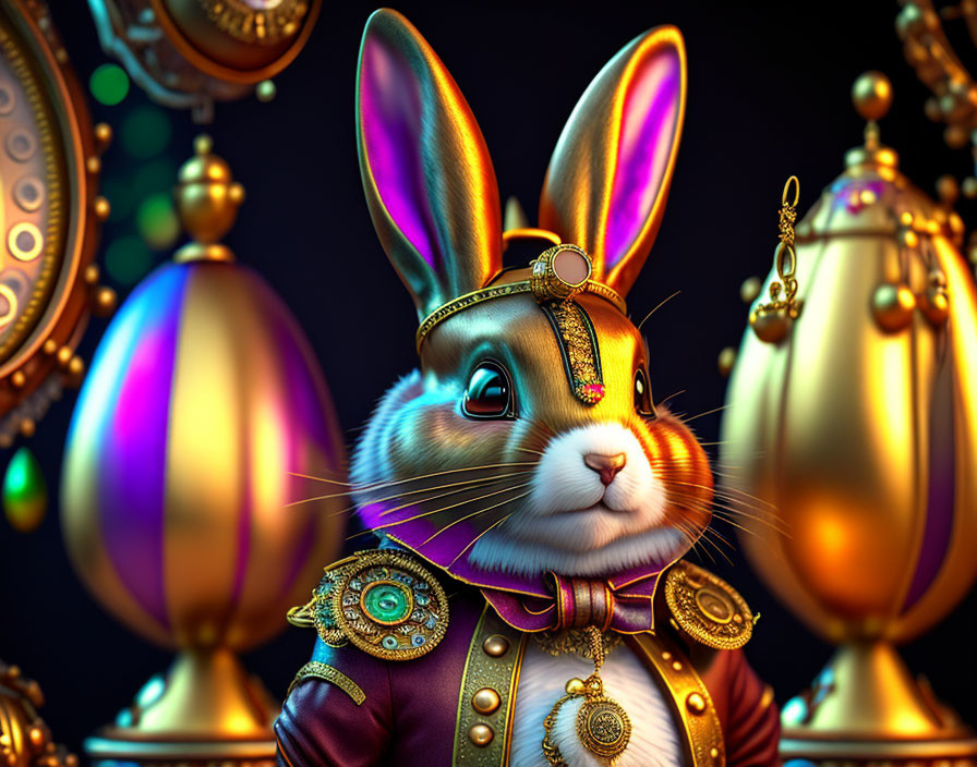 Regal anthropomorphic rabbit surrounded by decorated eggs and gears