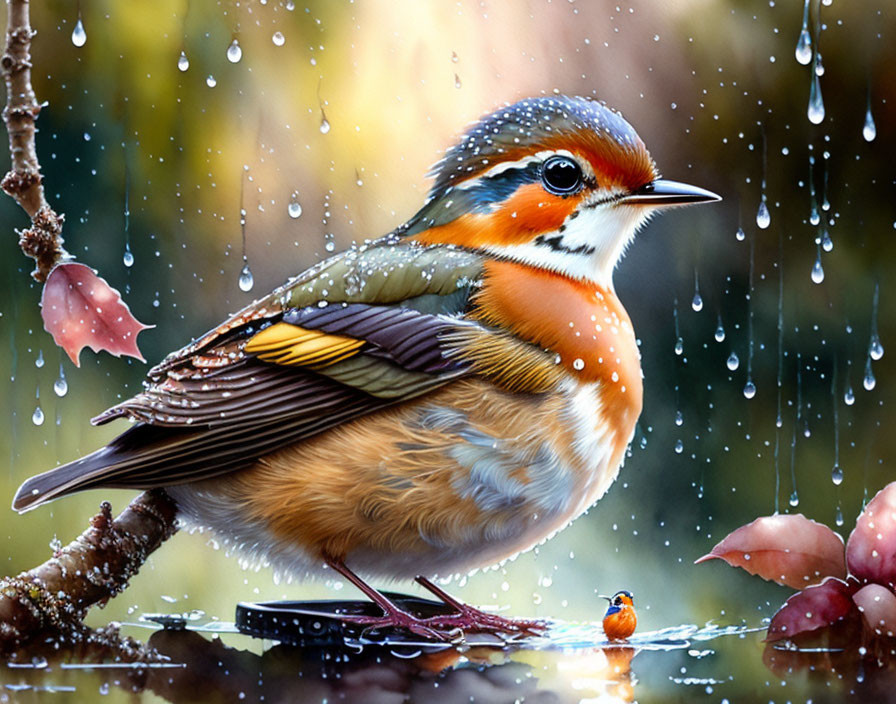 Colorful Bird Perched Among Pink Blossoms and Rain Droplets