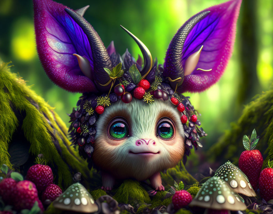 Whimsical creature with large eyes, purple wings, and crown in forest scene