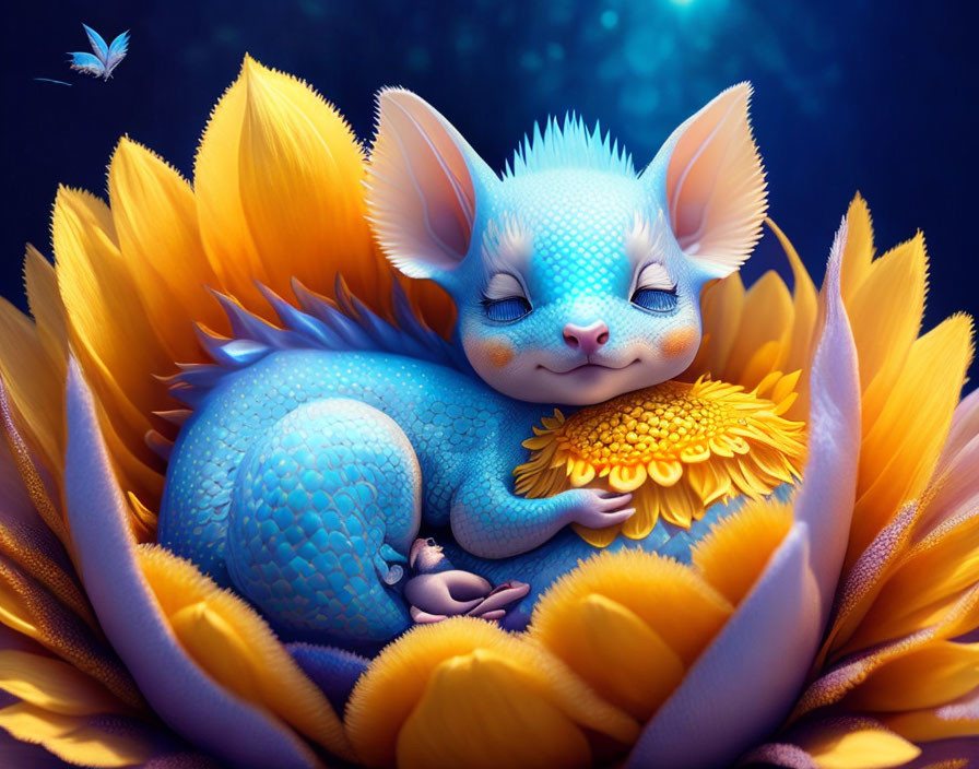 Blue creature with cat-dragon features sleeping on vibrant sunflower